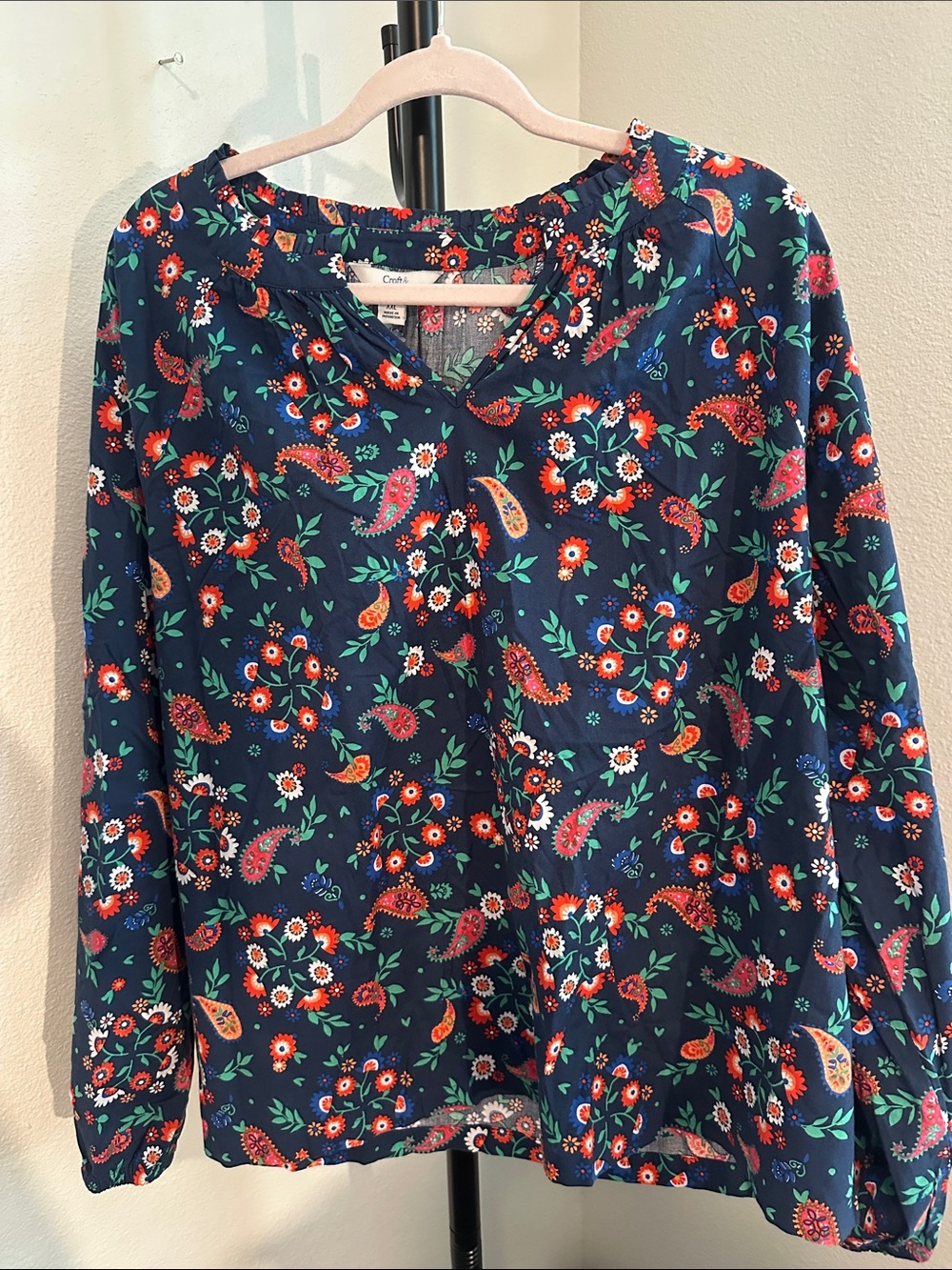 Croft & Barrow Navy Floral Paisley Long-Sleeve Blouse